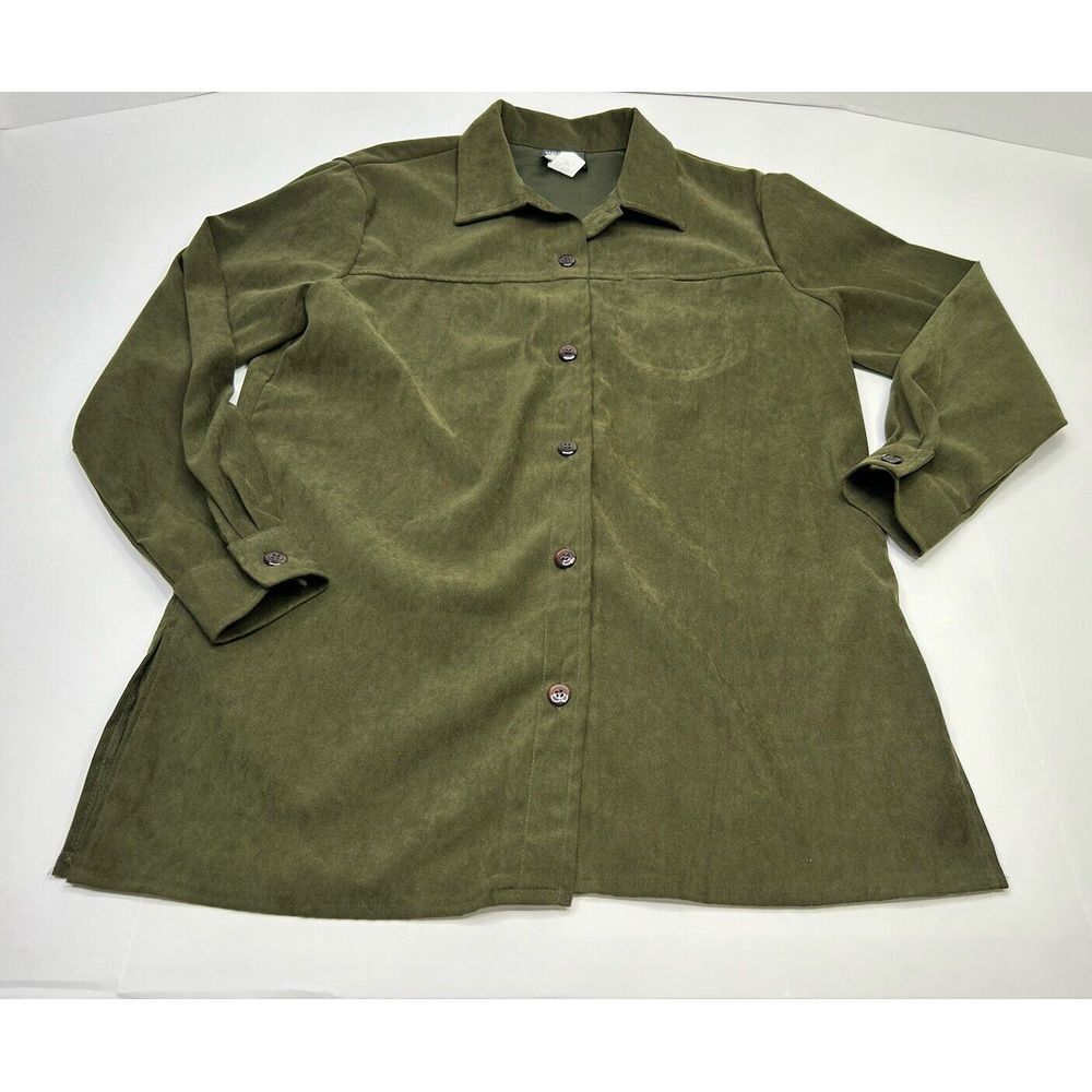 First Option Tunic Button Up Long Sleeve Shirt Women’s Medium Olive Green VTG